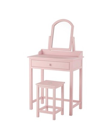 Tocador Taburete Espejo y Banco, Vintaje Home Design, Madera Pino Espejo Giratorio con Taburete- Rosa - Envío Gratuito