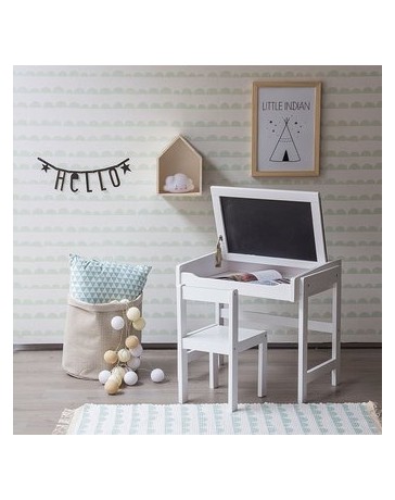 Mesa de Trabajo Pupitre Escritorio con Silla Infantil, Vintage Home Design, Noby, Madera de Pino Pizarra Cajón Inferior-Blanco -