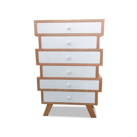 Cómoda Cajonera 6 Cajones De Madera Natural Con Blanco - Envío Gratuito